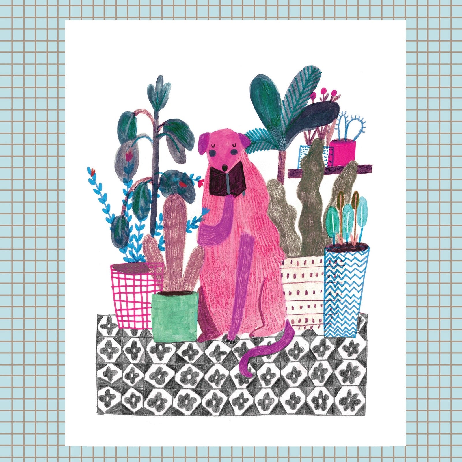 Illustration of a pink dog among potted plants on a checkered floor.
