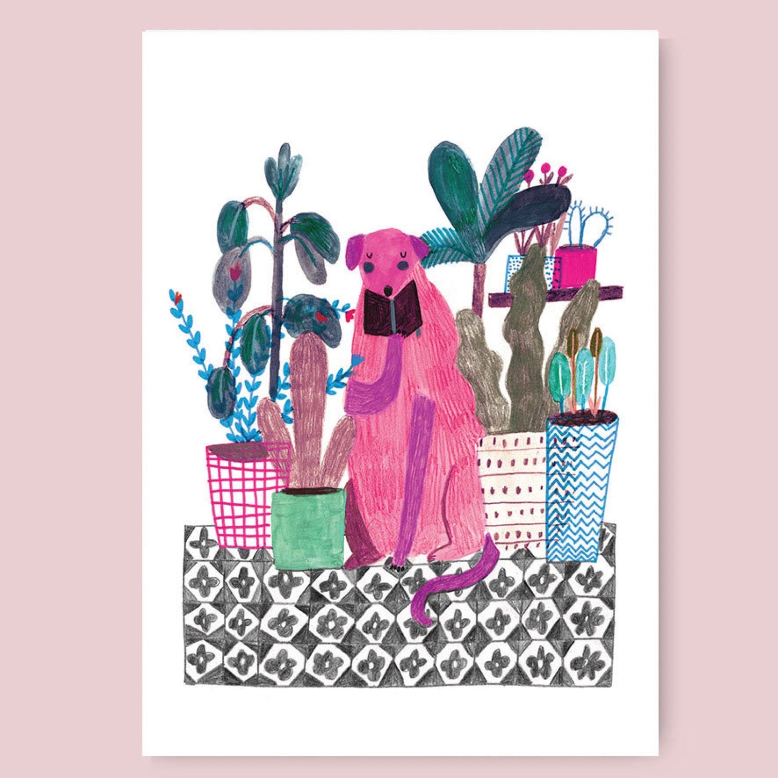 Illustration of a pink dog surrounded by potted plants on a white background, on a light pink background.