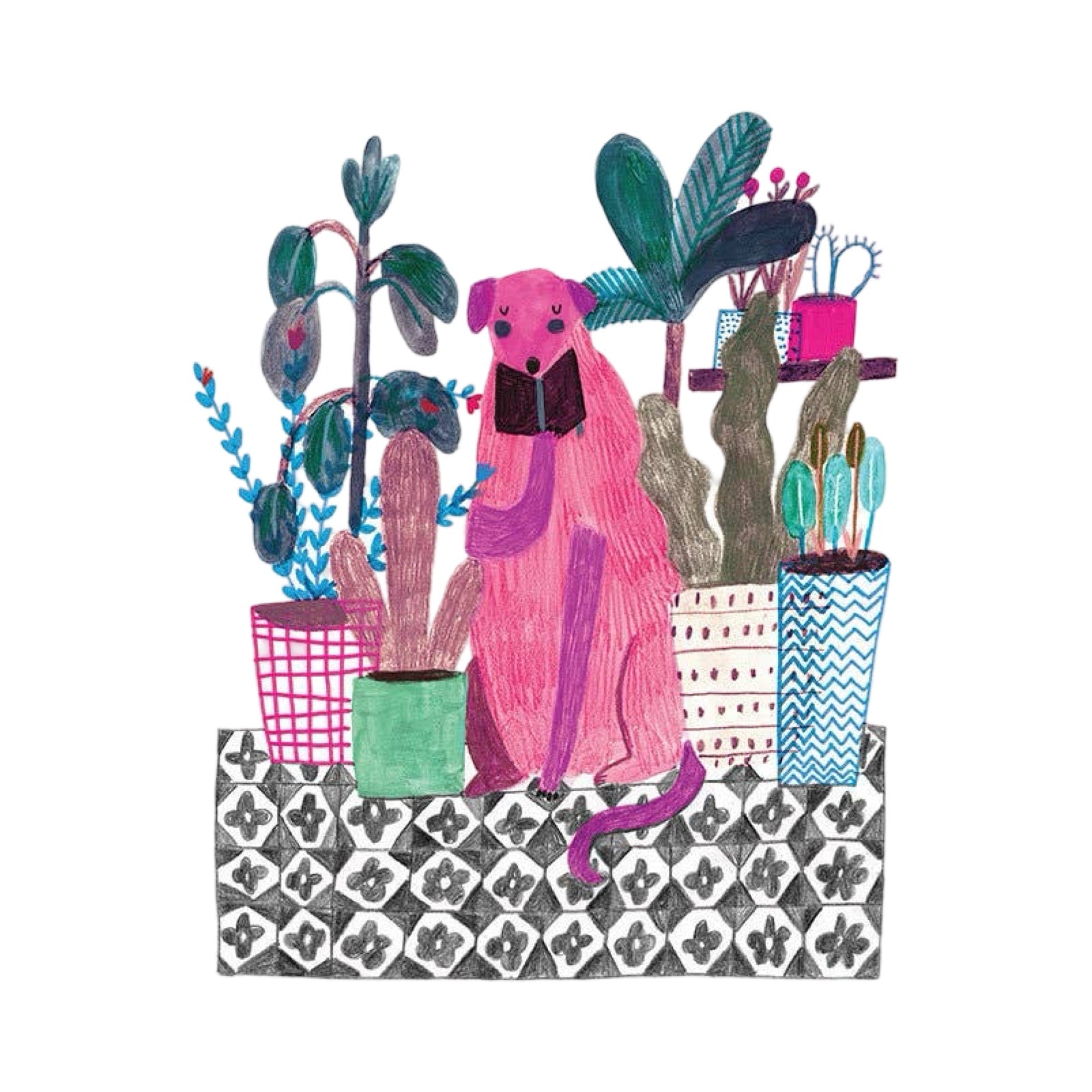 This art print features a gorgeous pink dog sitting between potted house plants on a black and white tiled floor.