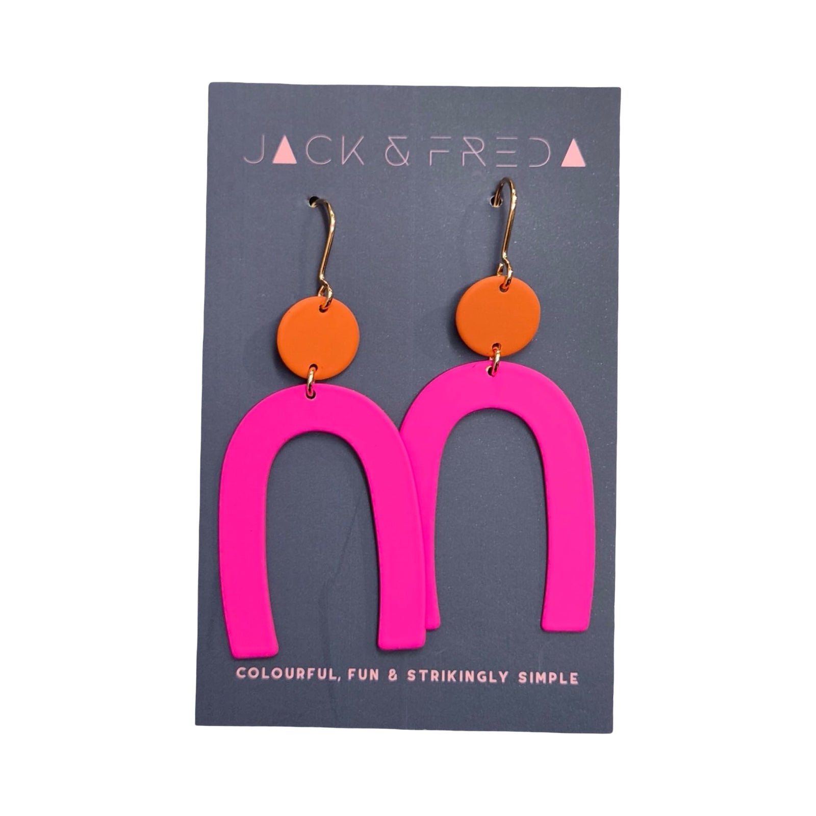 Pair of colorful earrings on a Jack & Fred branded card.