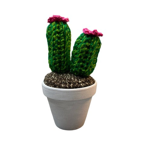 Handmade double stem crochet cactus with Pink flowers in a white painted terracotta pot.