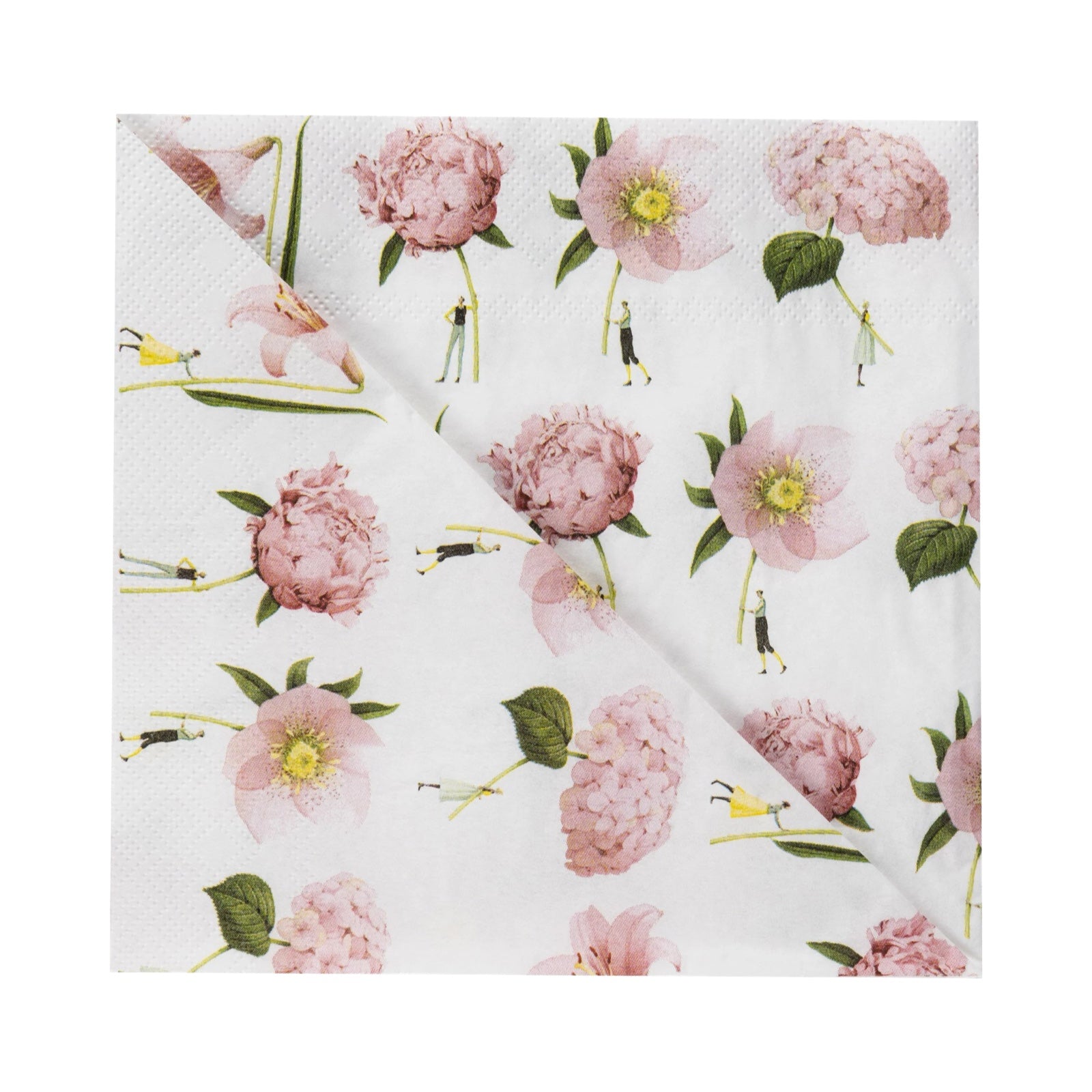 A folded 20 pack of floral napkins perfect for tea, garden, birthday or any celebratory party, each paper napkin features twelve giant flowers in bloom featuring Hellebore, Hydrangea, Lily and Peony held by fabulously dressed men and women.