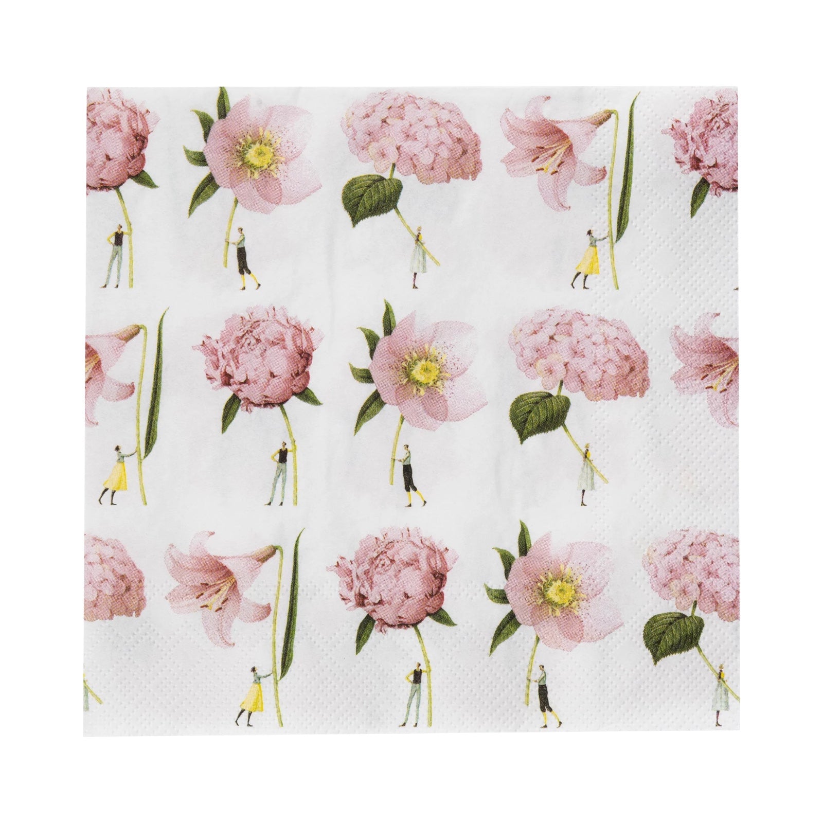 A 20 pack of floral napkins perfect for tea, garden, birthday or any celebratory party, each paper napkin features twelve giant flowers in bloom featuring Hellebore, Hydrangea, Lily and Peony held by fabulously dressed men and women.