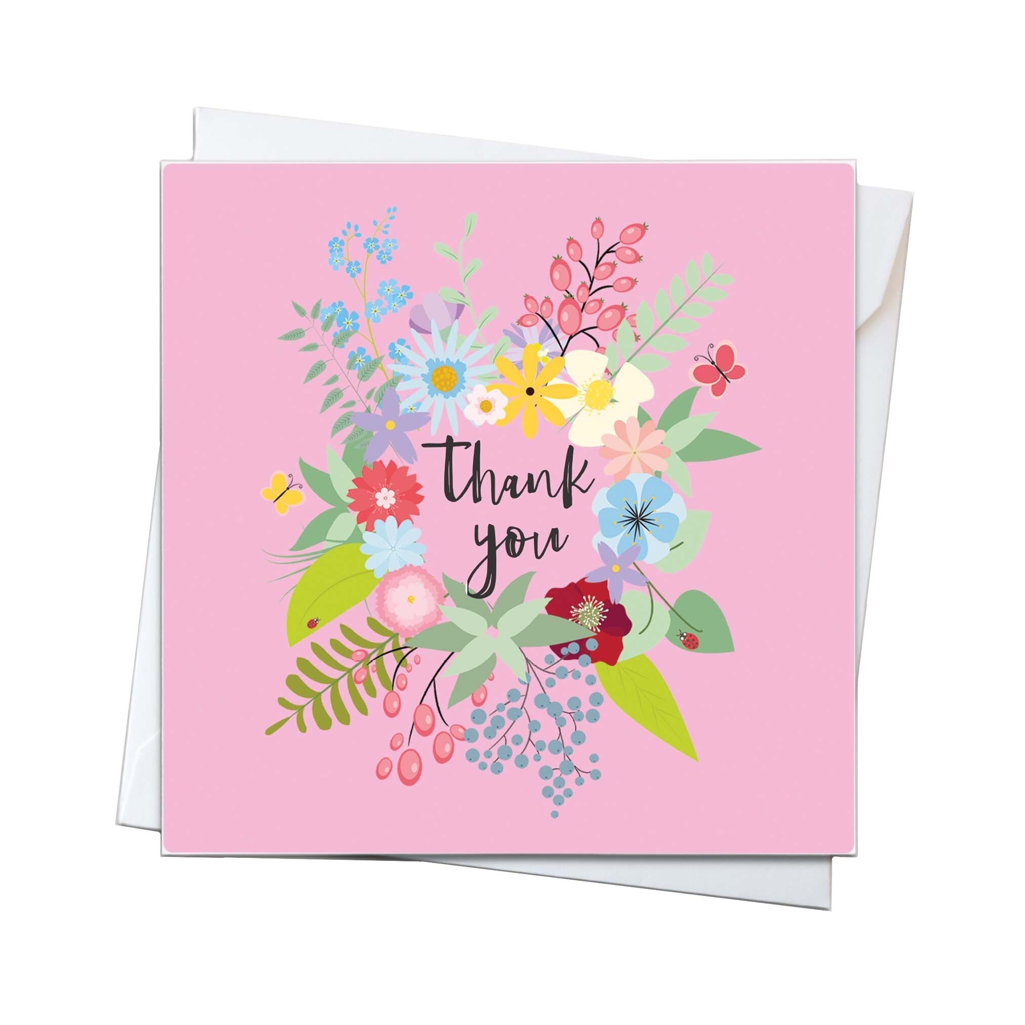 An image of a card with a floral wreath and the words thank you in the middle.