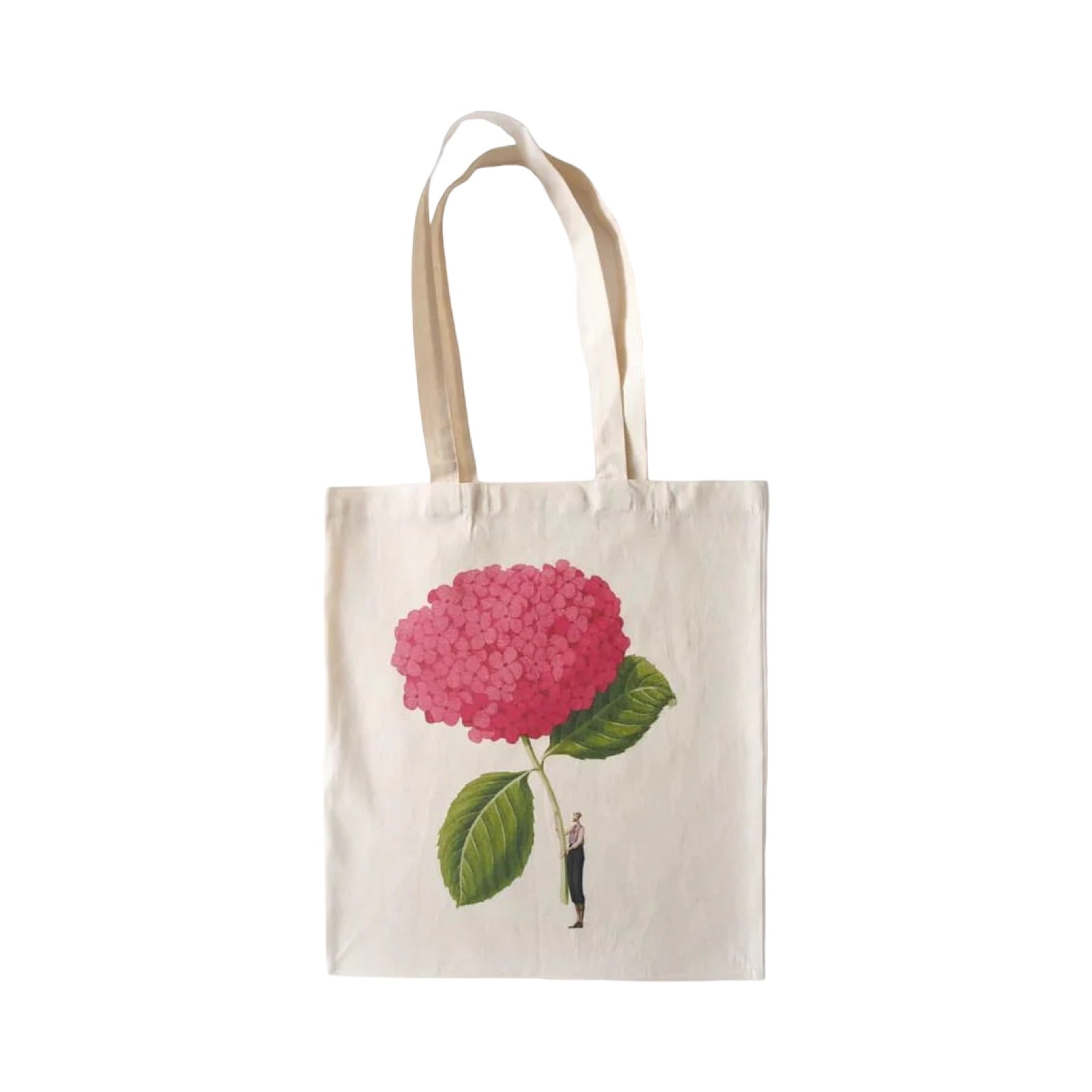 Tote bag featuring a beautiful illustration of a fabulously dressed man holding a giant pink hydrangea.