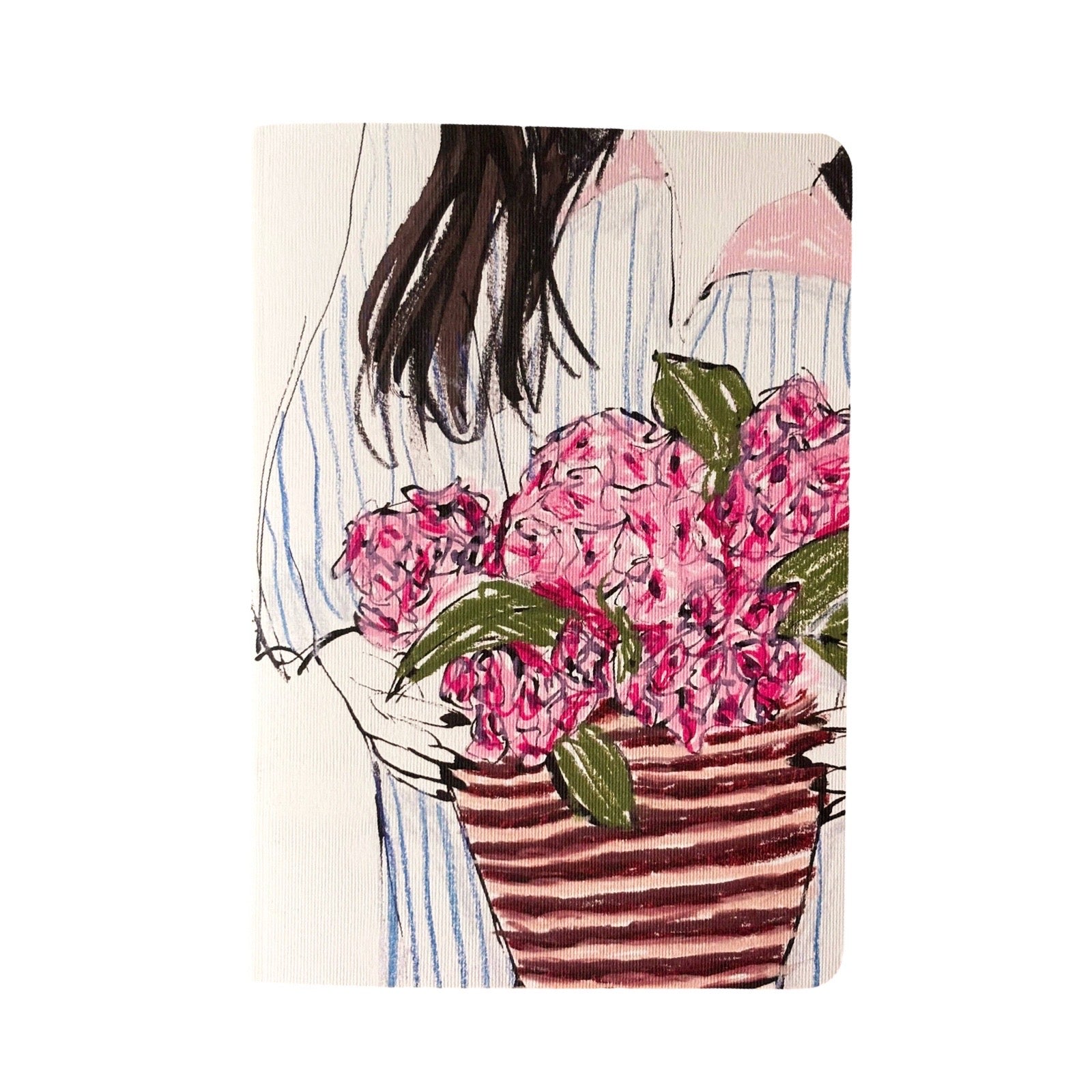 A rectangular canvas print featuring a hand-drawn illustration of a woman holding a large pink flower bouquet, shown against a plain white background.