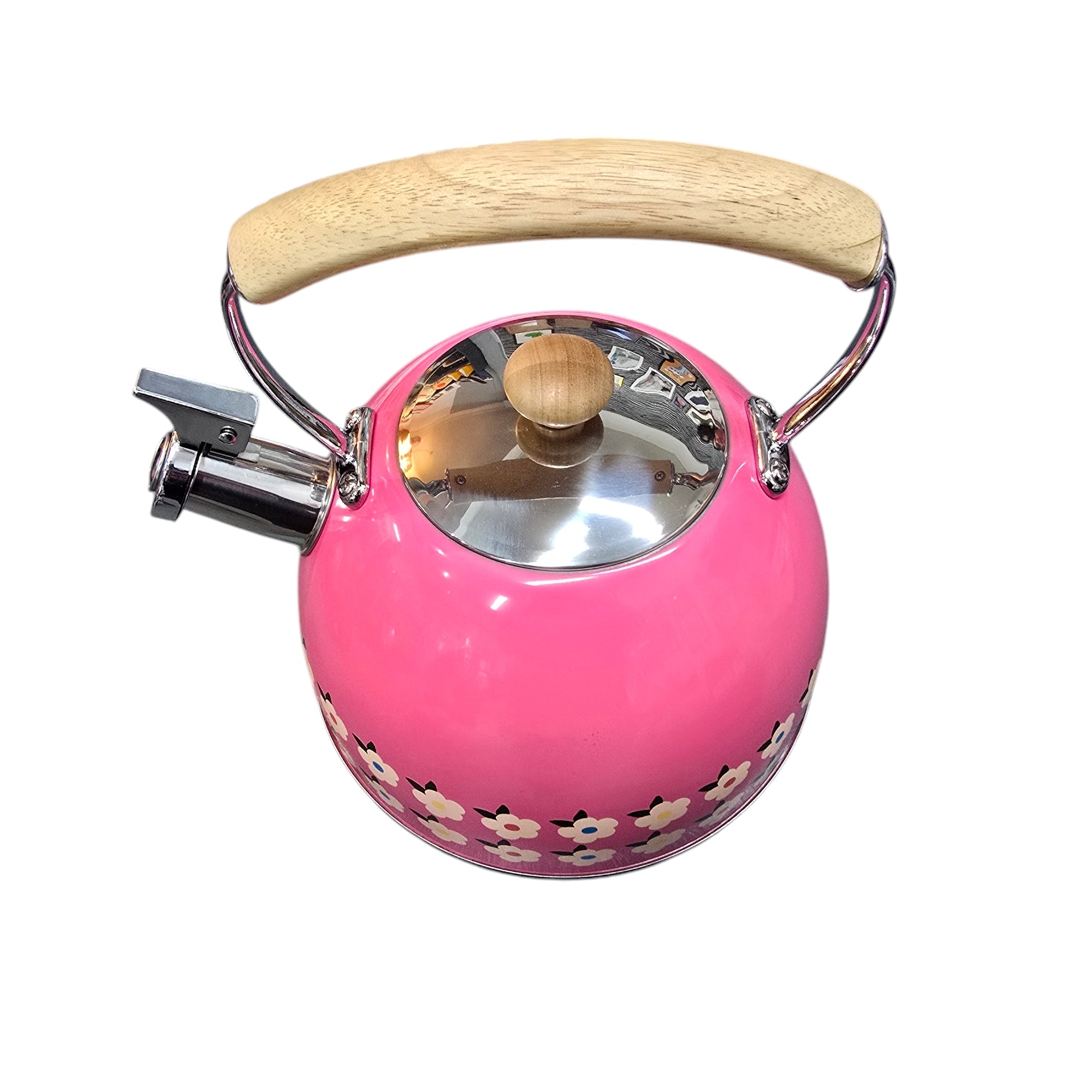 This beautiful stove top kettle has two rows of retro style daisies around the base.