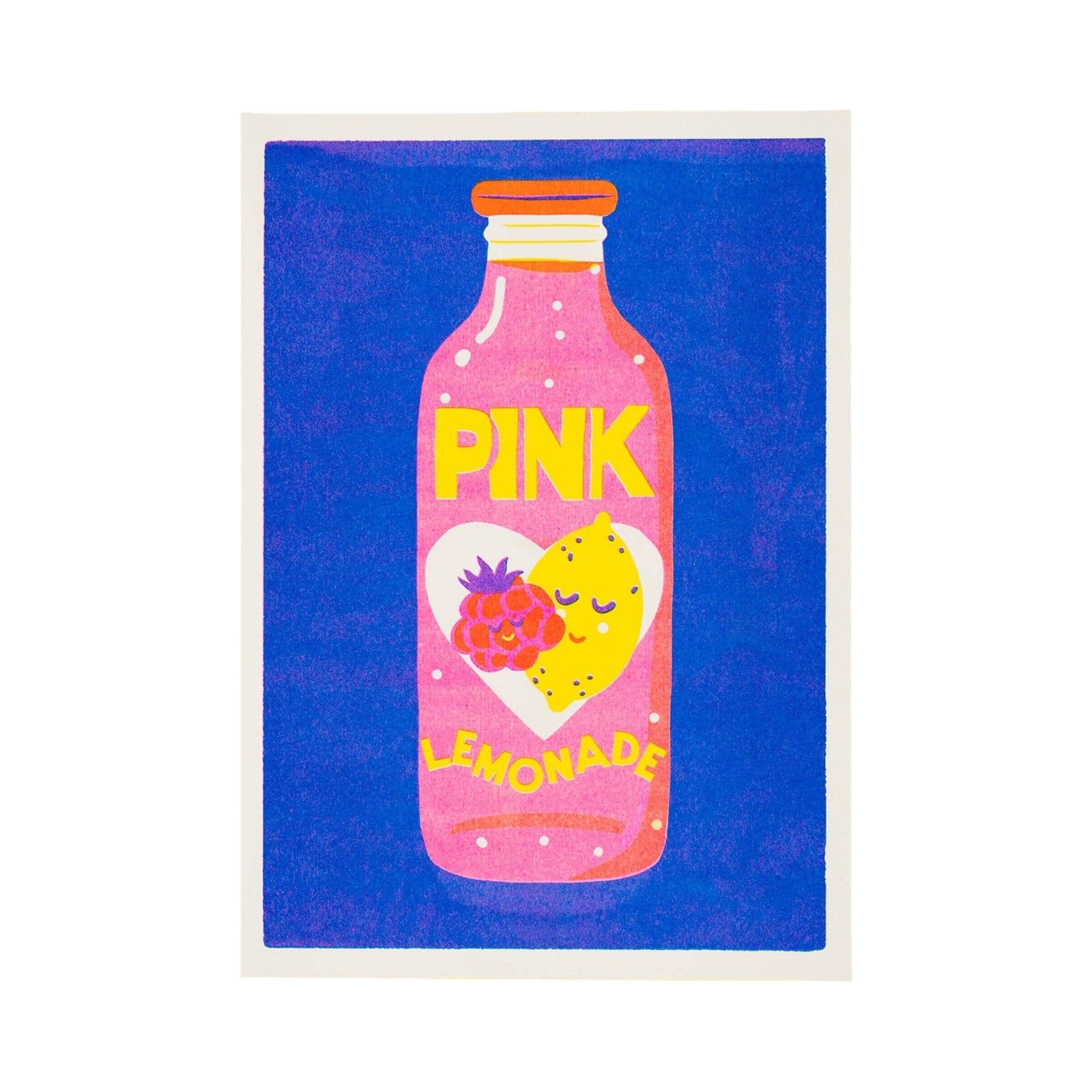 A square art print featuring a stylized pink bottle of lemonade with yellow text reading 'PINK LEMONADE' and fruit illustrations, centered on a blue background with a white border.