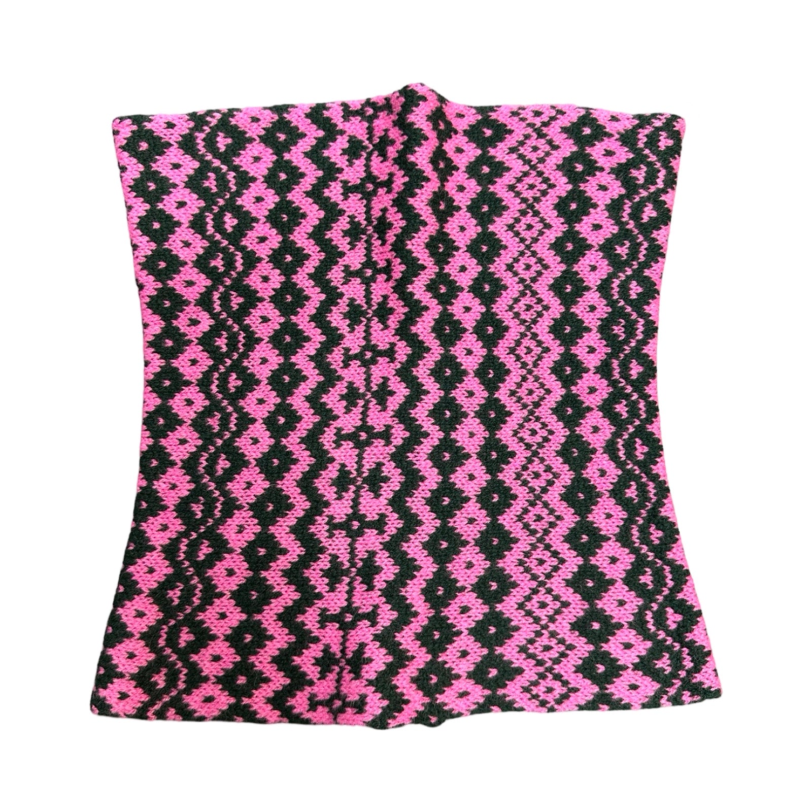 Super soft and cosy 100% lambswool knitted snood in a pink and black geometric stripes design.
