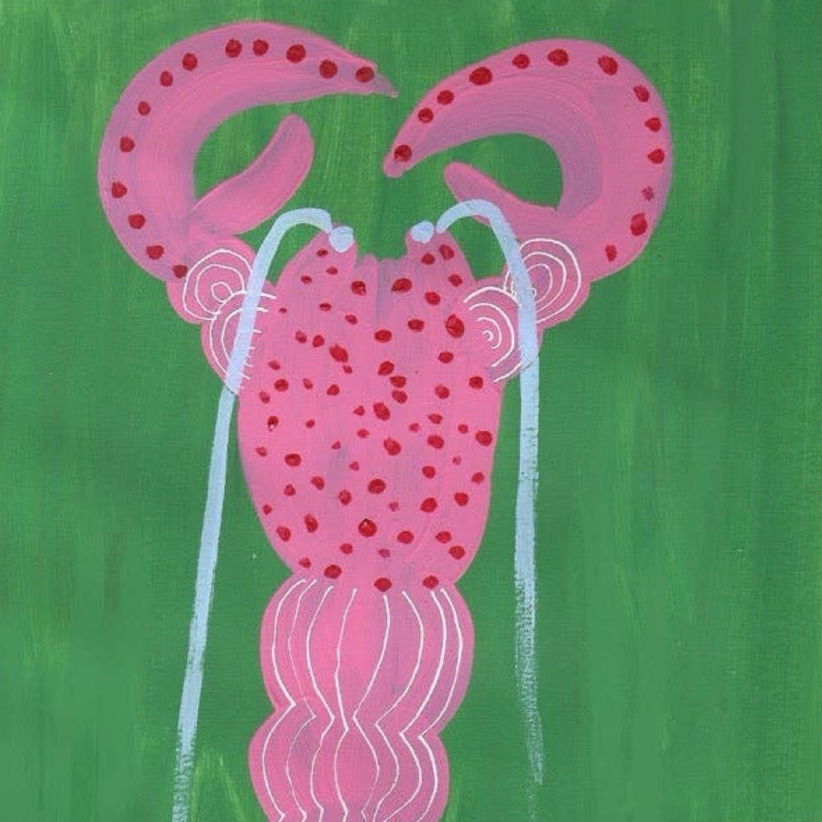 Artistic depiction of a pink lobster with red spots on a green background.