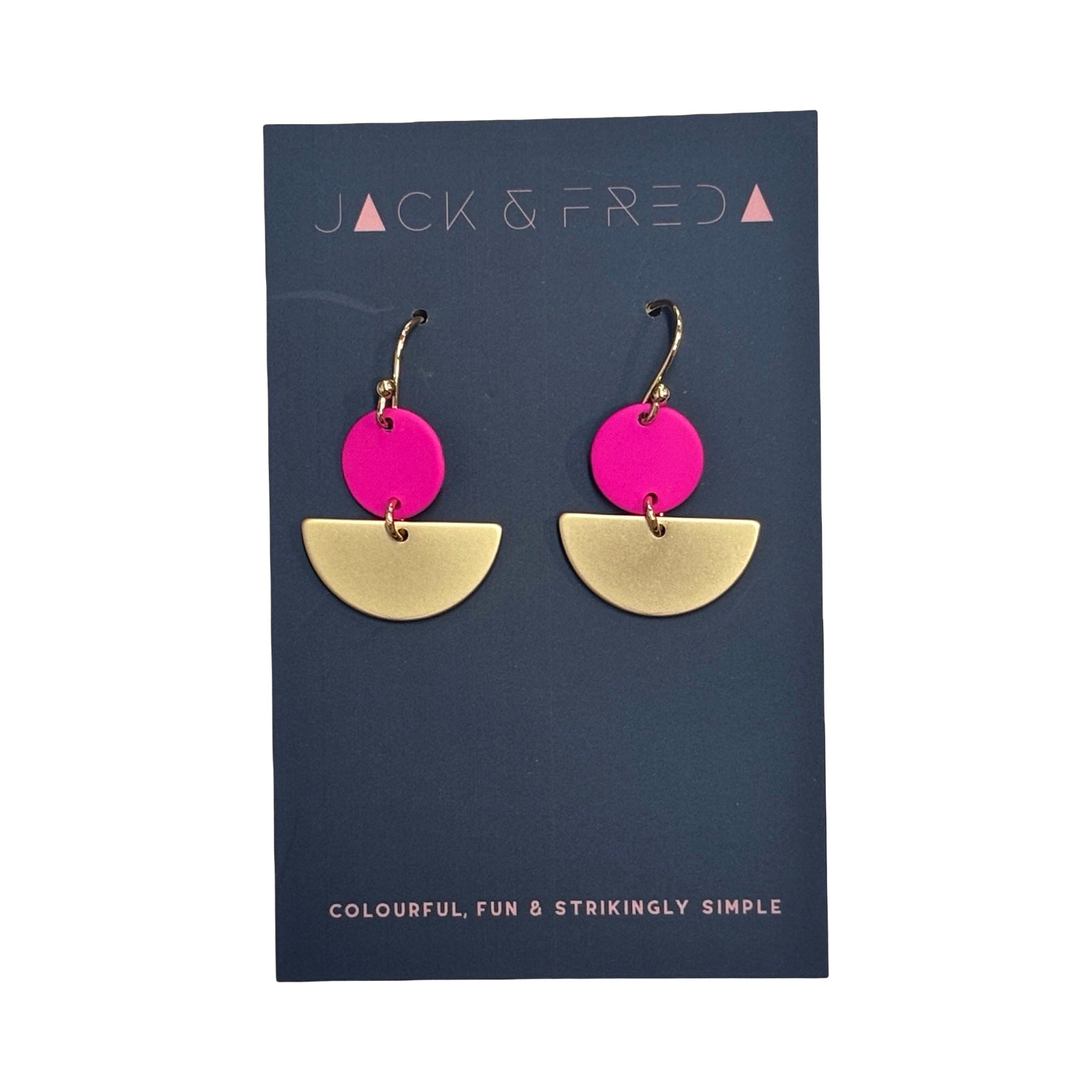 Pair of earrings on a Jack & Fred branded card with pink and gold design.