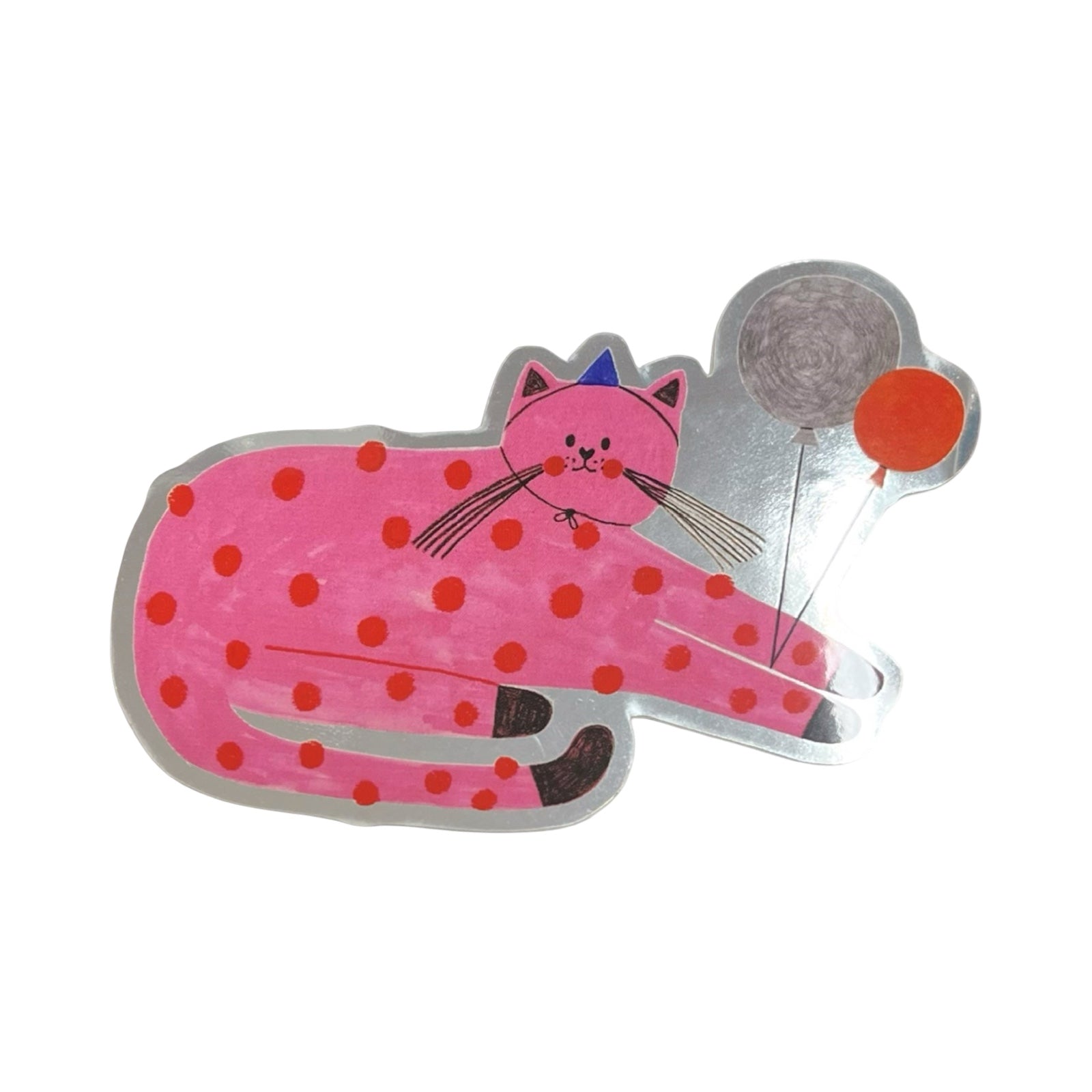 This holographic vinyl sticker features a pink cat with red spots wearing a party hat and holding a red and a silver balloon.