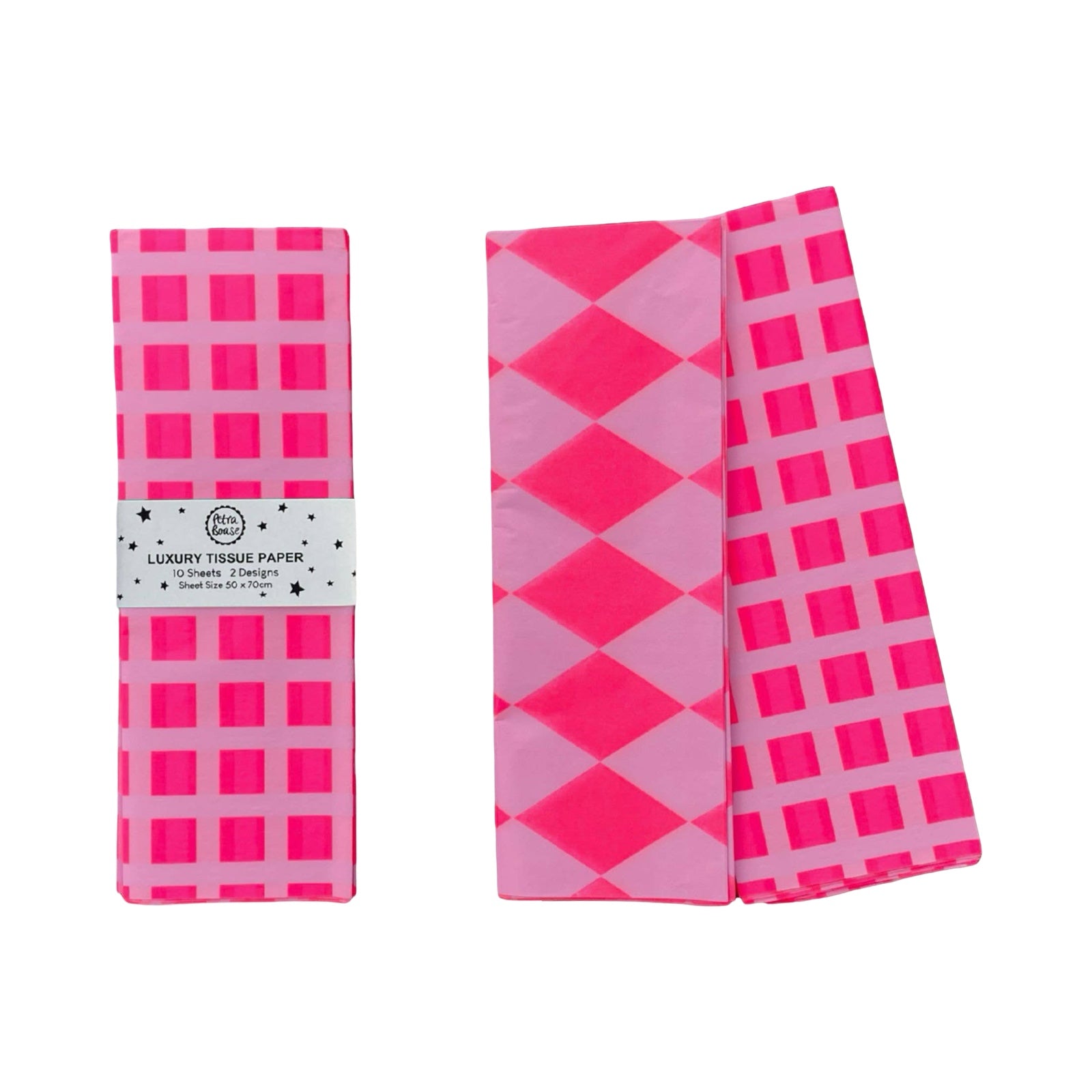 A pack of ten sheets of luxury tissue paper with grid and diamond patterns in pink and lilac.