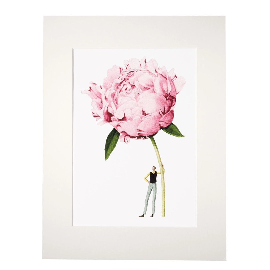 Floral mounted print featuring a beautiful illustration of a fabulously dressed man holding a giant pink peony.