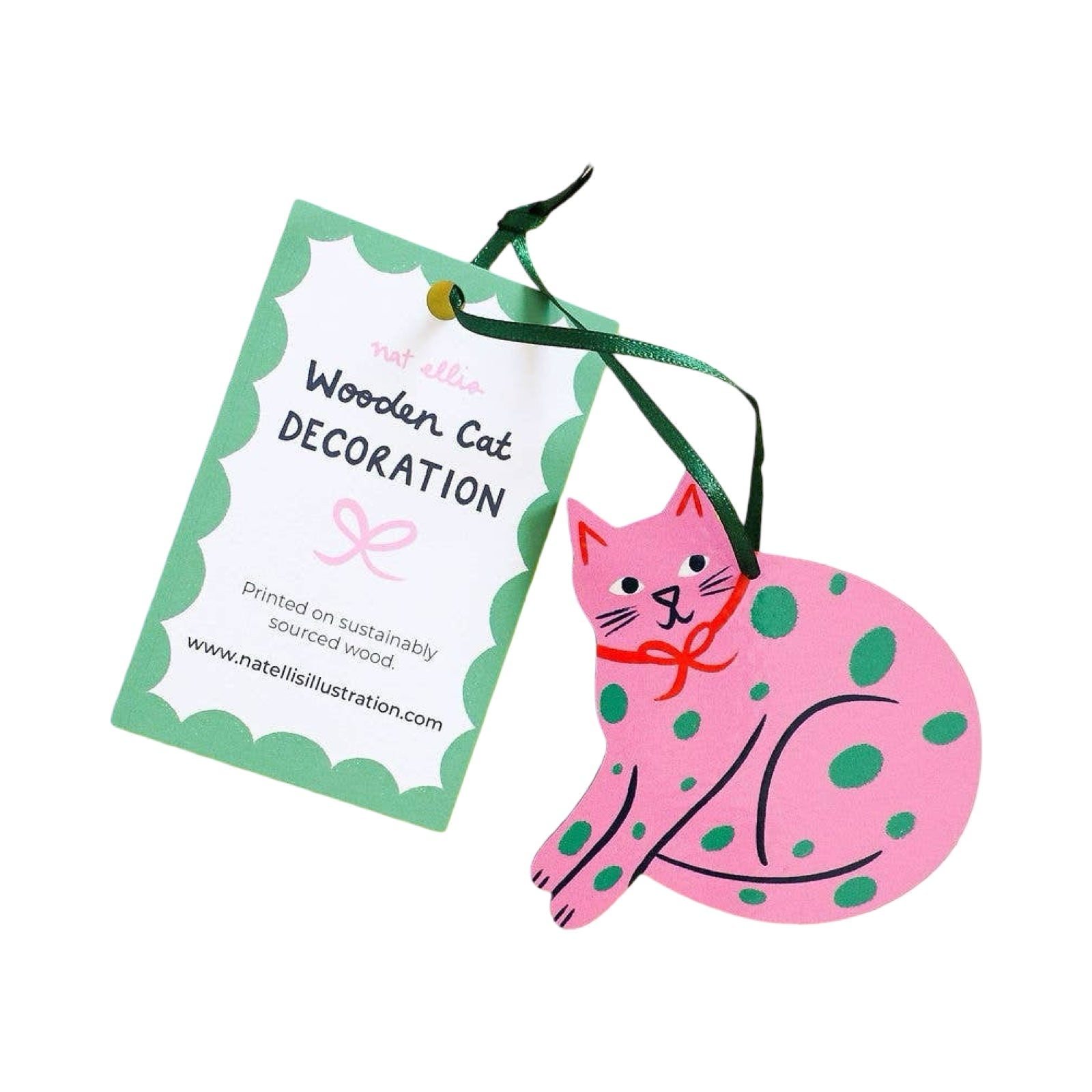 Pink Spotty Cat Wooden Hanging Ornament