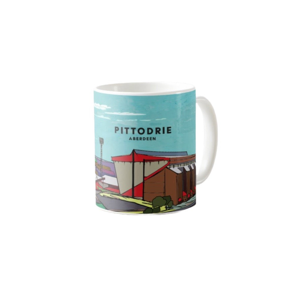Mug with a design of Pittodrie stadium in Aberdeen on a white background