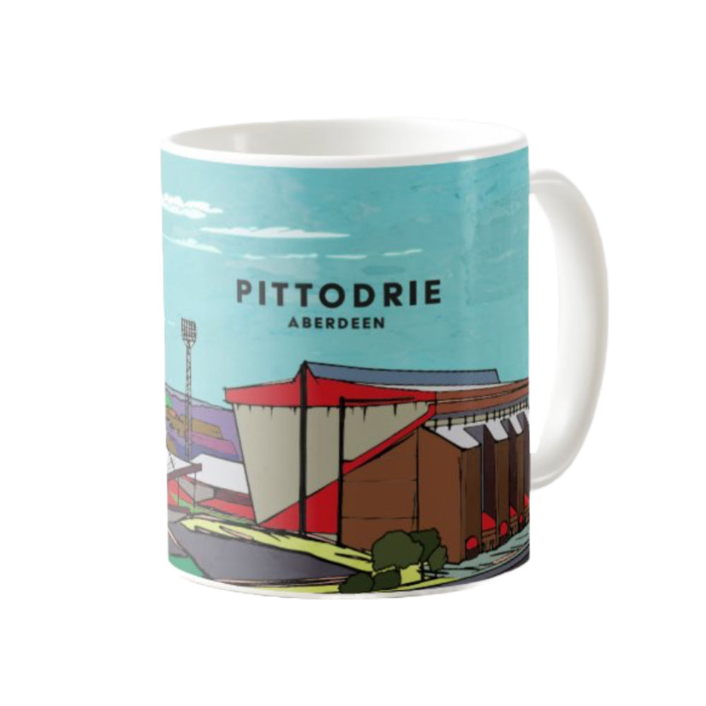 Classic mug featuring a striking panoramic artwork of Pittodrie stadium in Aberdeen. Designed by Eddscape and made in the UK.