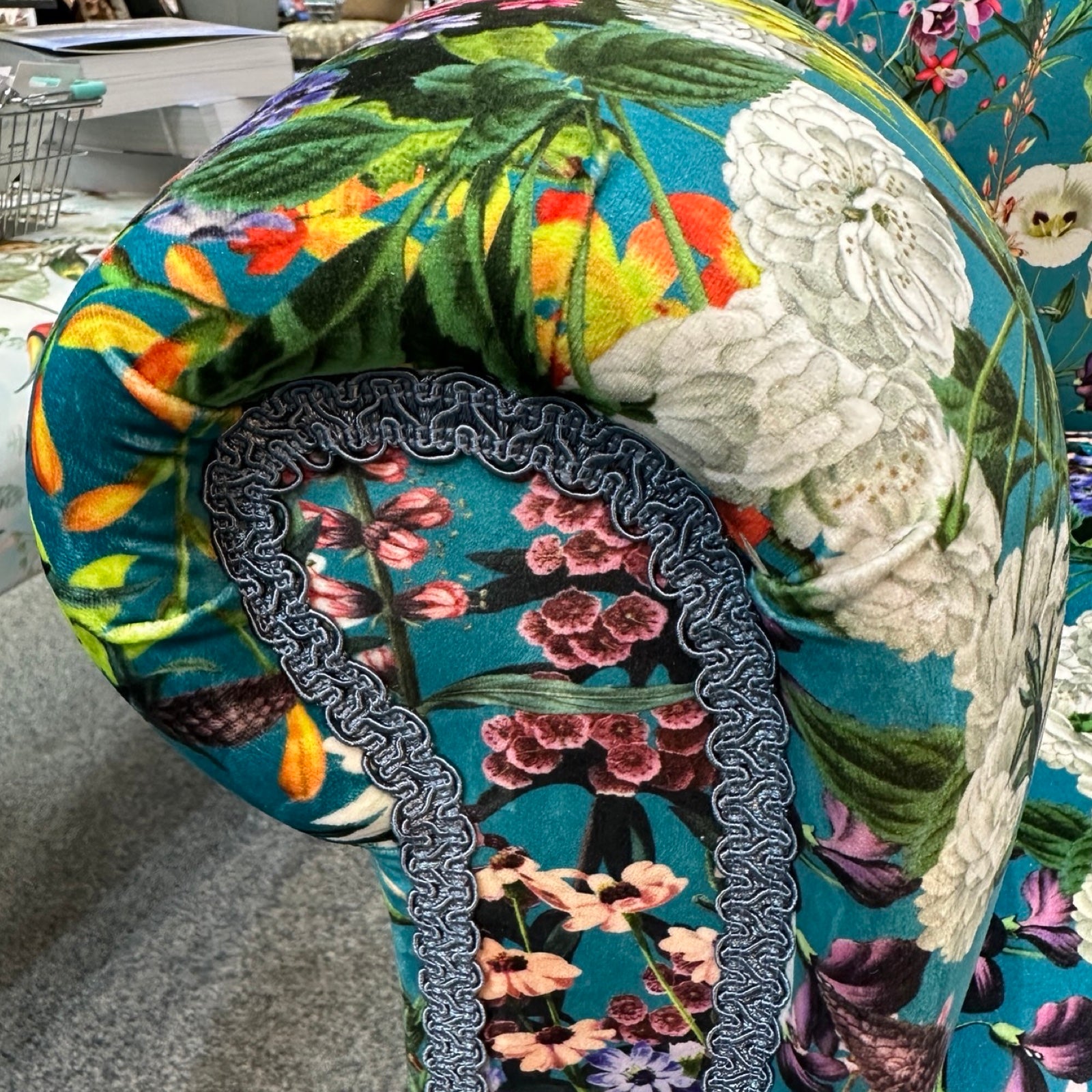 Teal Floral Velvet Low Back Sofa