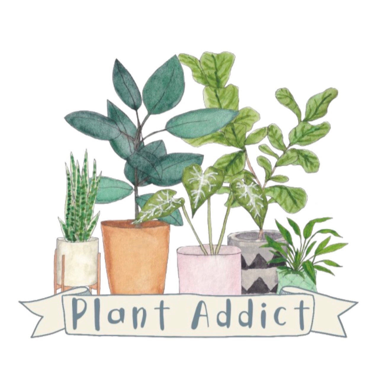 A vinyl sticker of a group of potted houseplants with the text 'Plant Addict' on a white banner.