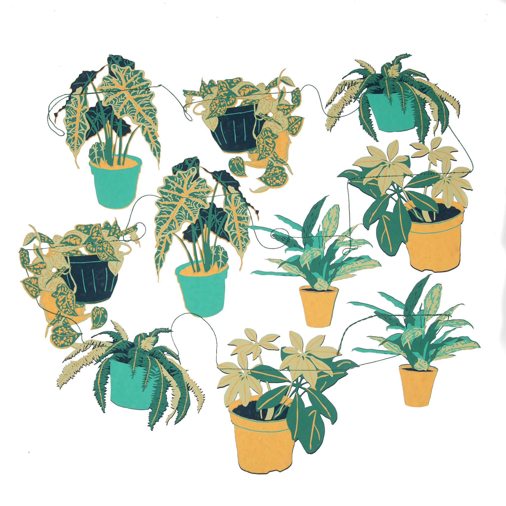 Plant pot garland featuring ten screen-printed house plants in shades of green and mustard.