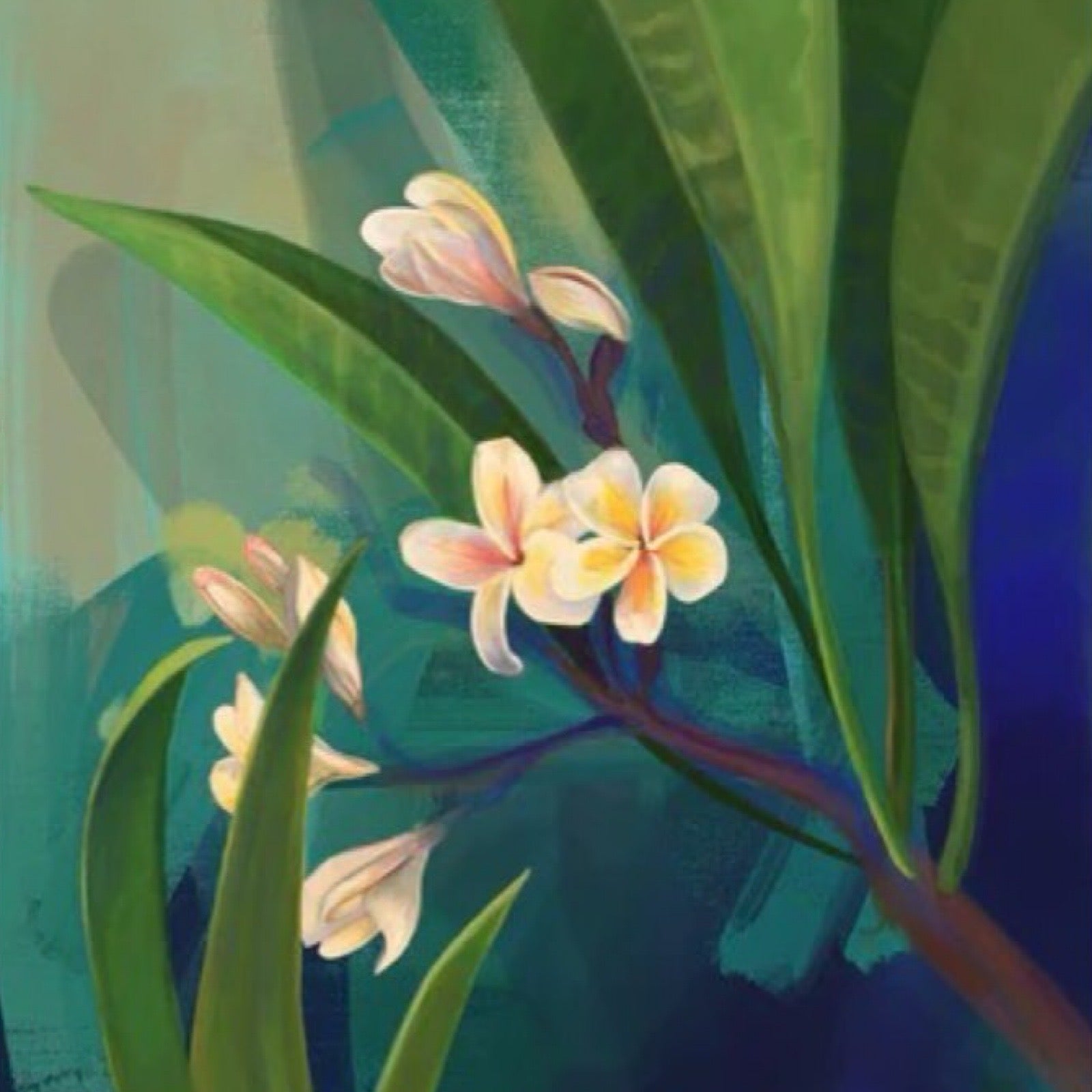Floral art print featuring cream plumeria flowers and large green leaves.