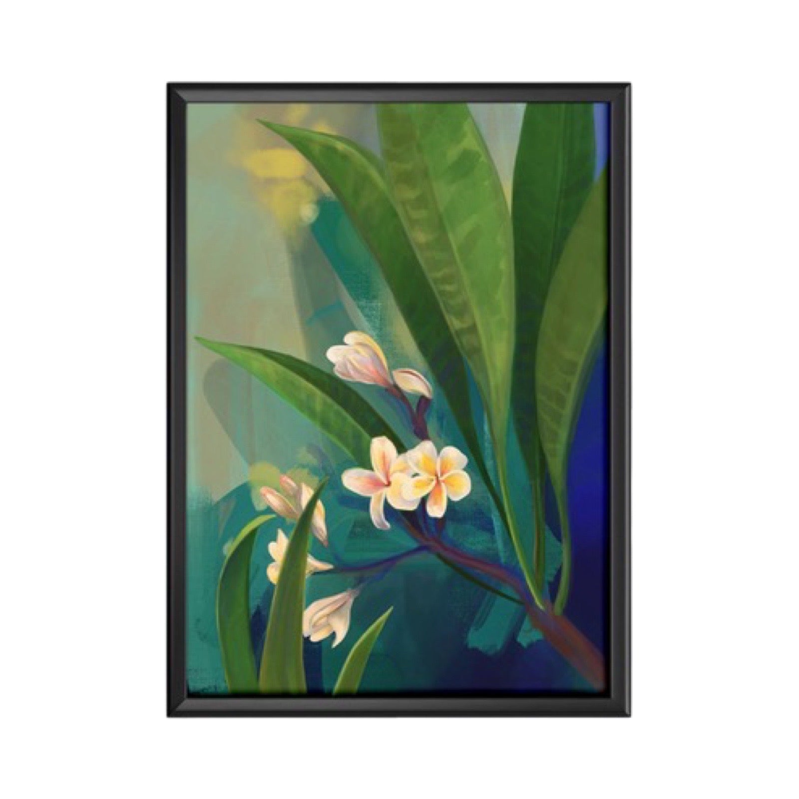 Floral art print featuring cream plumeria flowers and large green leaves.
