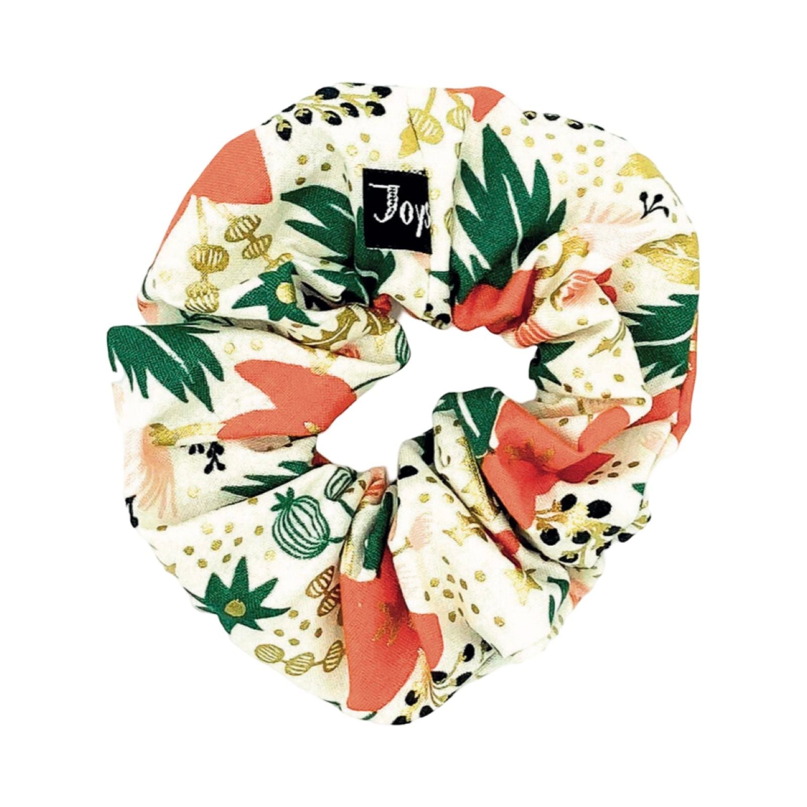 Handmade poinsettia patterned, floral and festive hair scrunchie in cream.