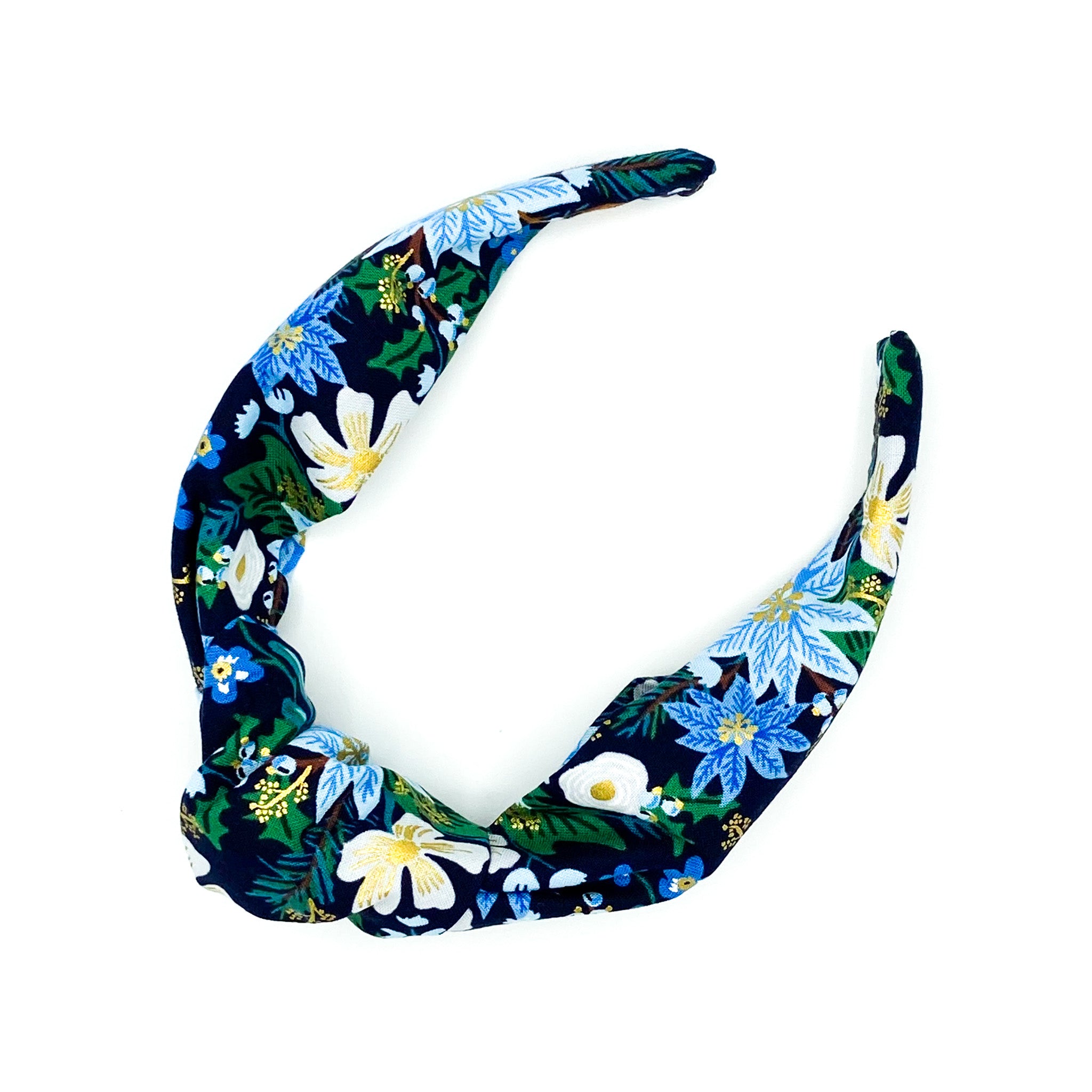 Handmade poinsettia patterned, floral and festive top knotted Alice bands.