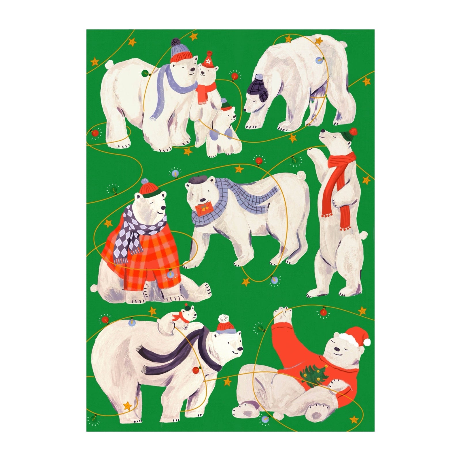 Christmas wrapping paper featuring polar bears in their winter woollies.