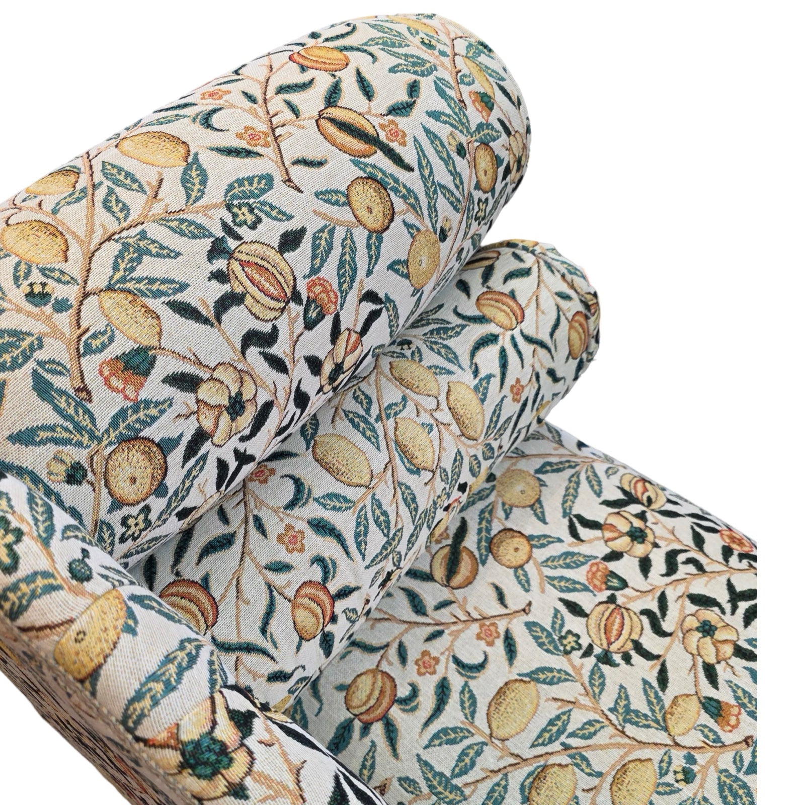 The arm detail of a handcrafted chaise longue in fabulous woven William Morris style pomegranate fruits fabric in cream with yellow fruit.