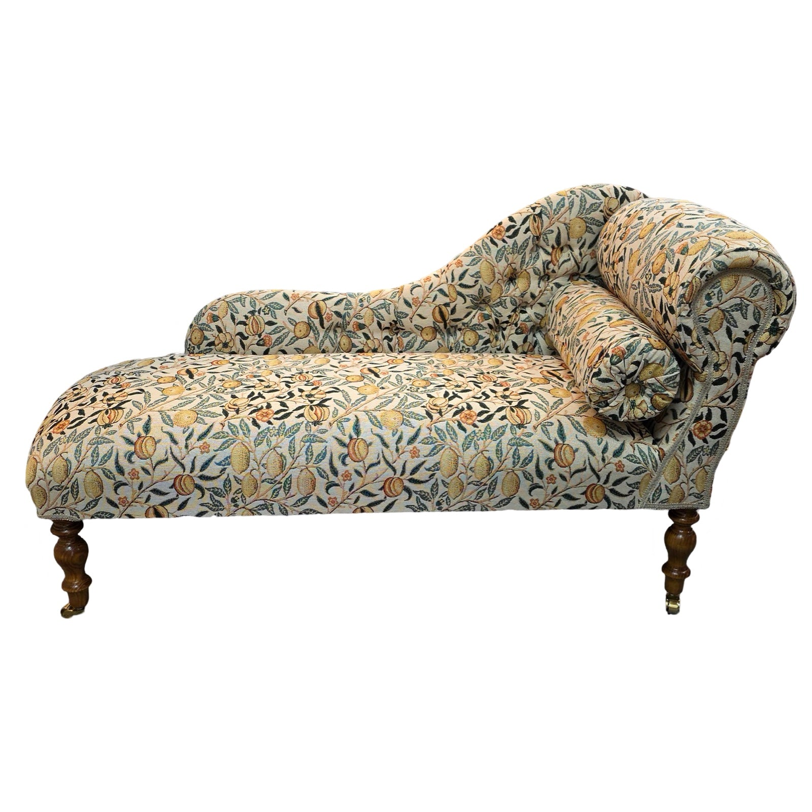 A handcrafted chaise longue in fabulous woven William Morris style pomegranate fruits fabric in cream with yellow fruit.