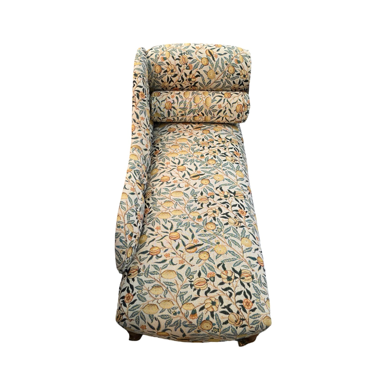 A handcrafted chaise longue in fabulous woven William Morris style pomegranate fruits fabric in cream with yellow fruit.