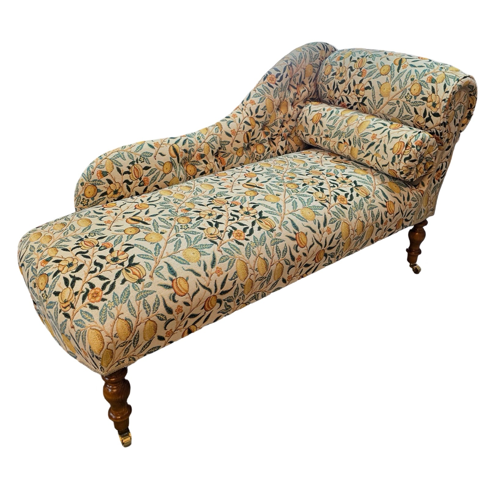 A handcrafted chaise lounge in fabulous woven William Morris style pomegranate fruits fabric in cream with yellow fruit.