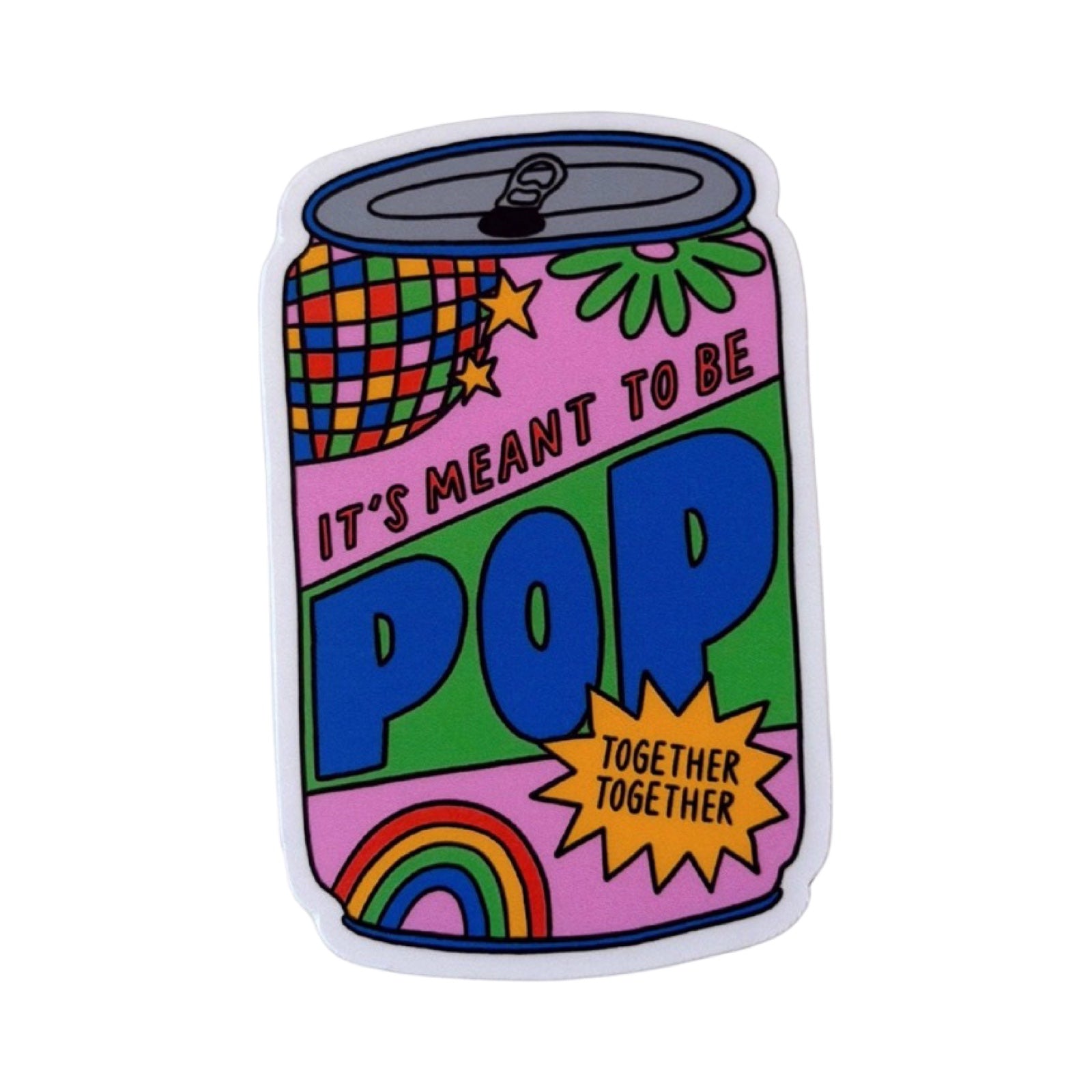 Colourful sticker of a pop can with text and graphics on a white background.