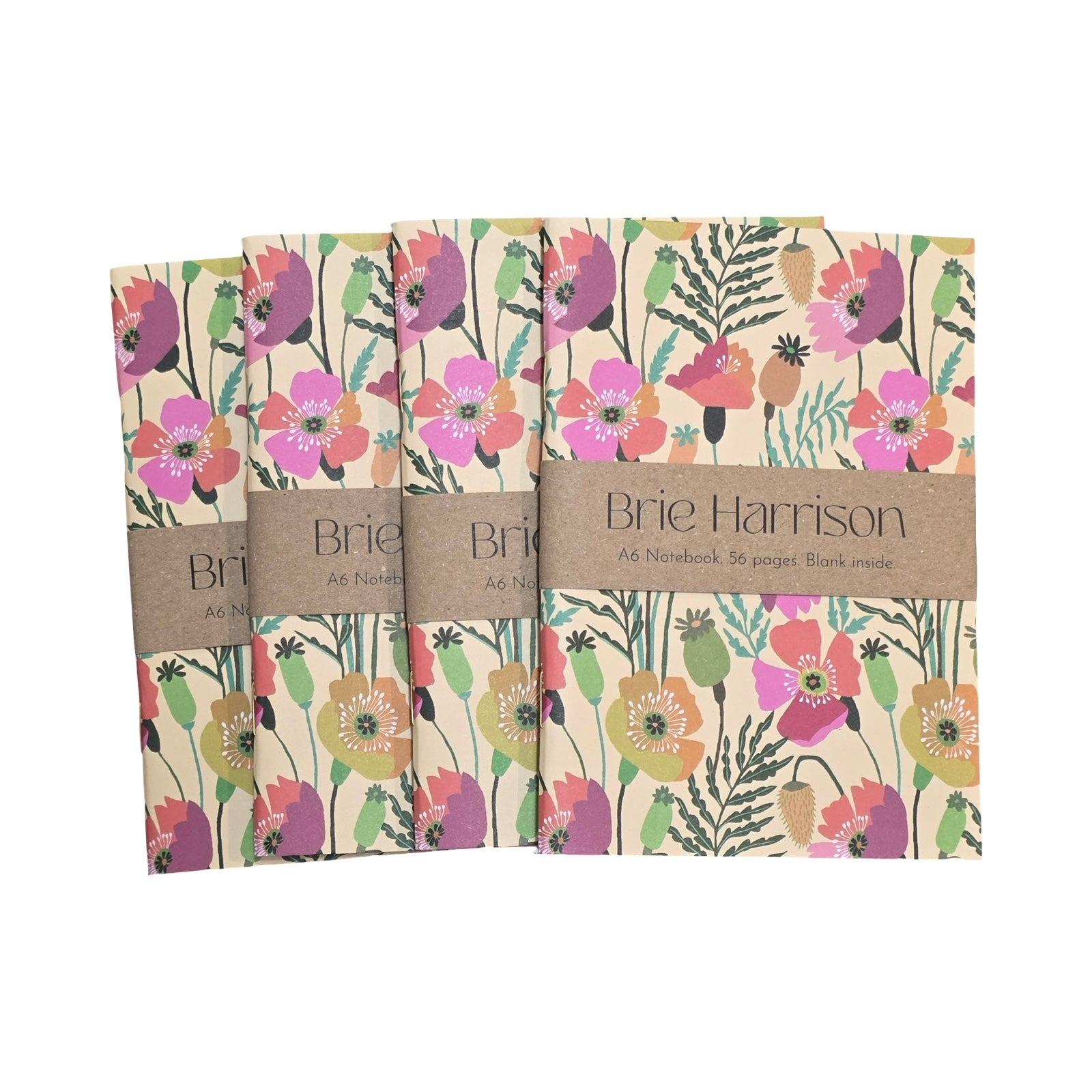 Set of four notebooks with floral design and 'Brie Harrison' branding on a white background.
