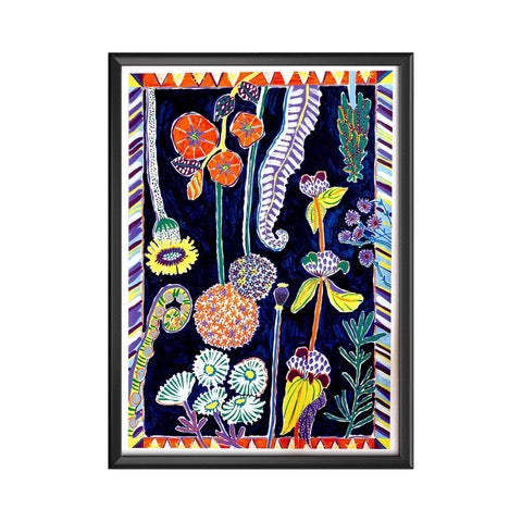 A gorgeous print reproduced from an original painting with red poppies, white daisies and other colourful flowers against a black background with a colourful border.