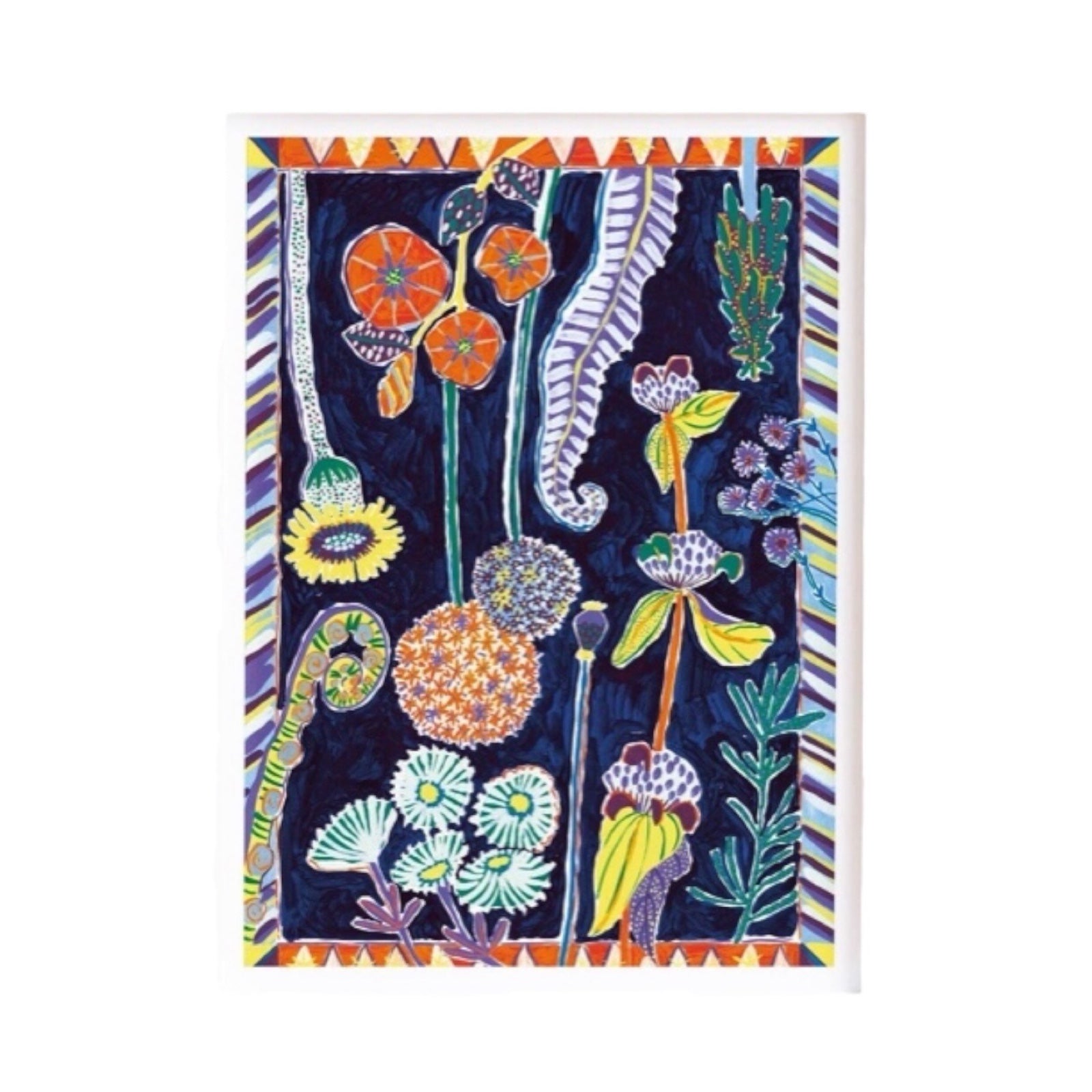 A gorgeous print reproduced from an original painting with red poppies, white daisies and other colourful flowers against a black background with a colourful border.