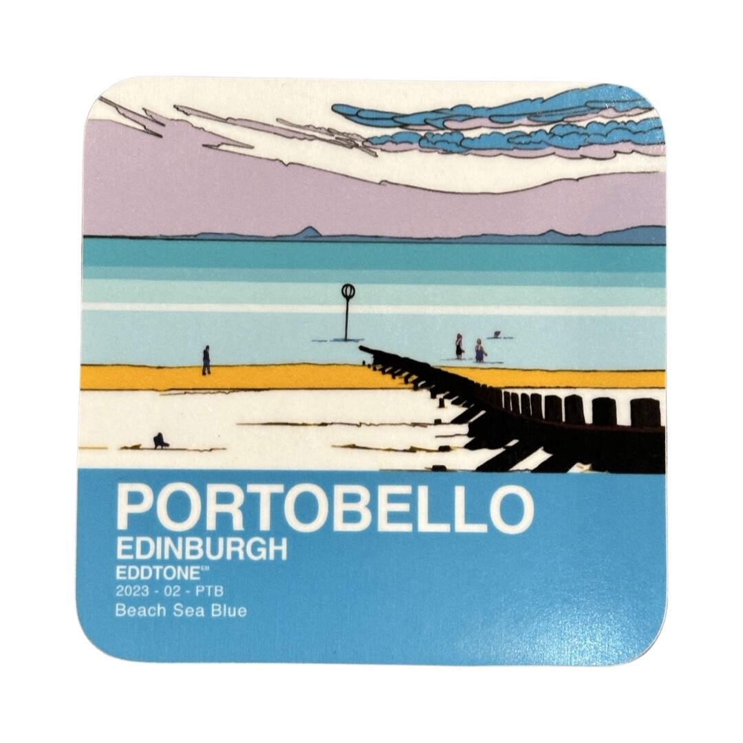 Portobello coaster featuring an illustration of Porty Beach. Designed by Eddscape in Scotland and printed in the UK.
