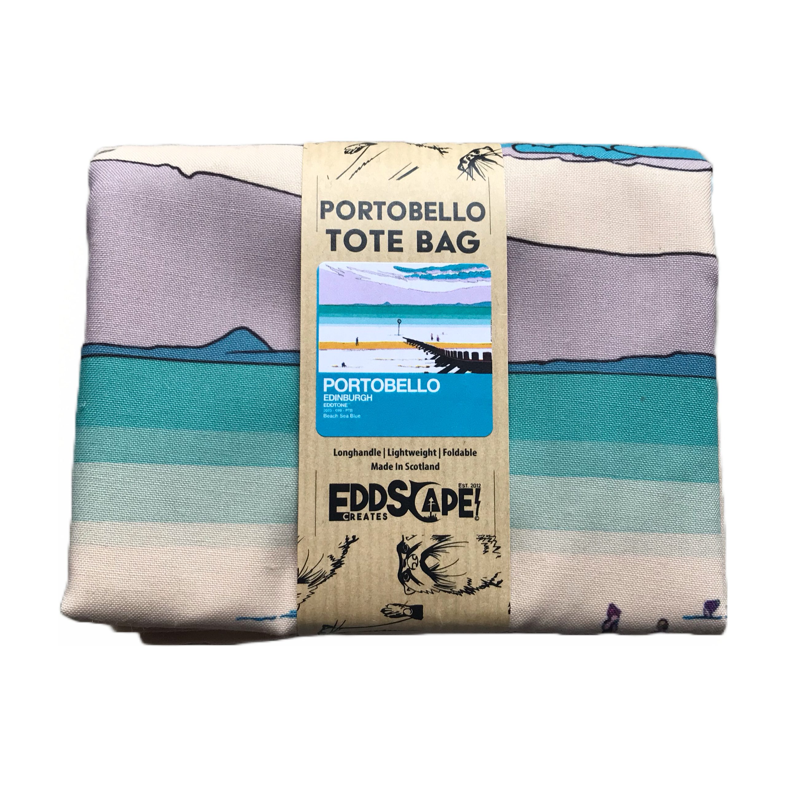 This tote bag features a square design of an illustration of Portobello Beach in Edinburgh.