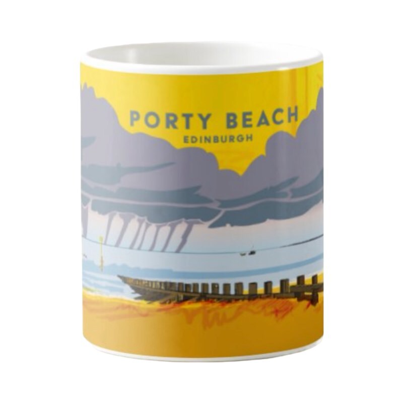 Classic mug featuring a panoramic artwork of Portobello Beach in Edinburgh in the rain