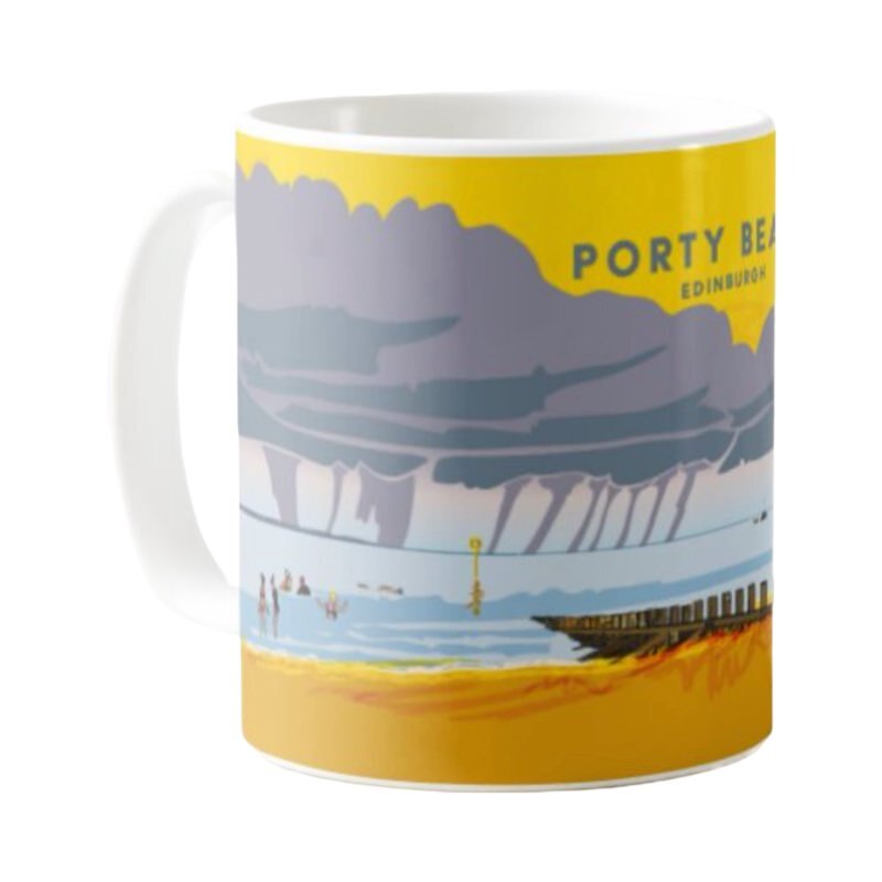 Classic mug featuring a panoramic artwork of Portobello Beach in Edinburgh in the rain