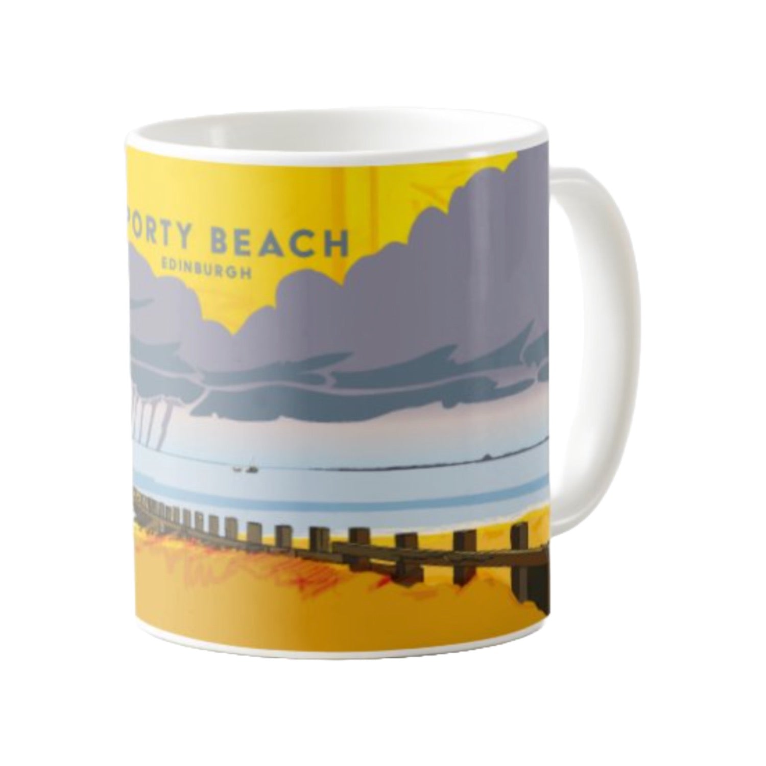 Classic mug featuring a panoramic artwork of Portobello Beach in Edinburgh in the rain