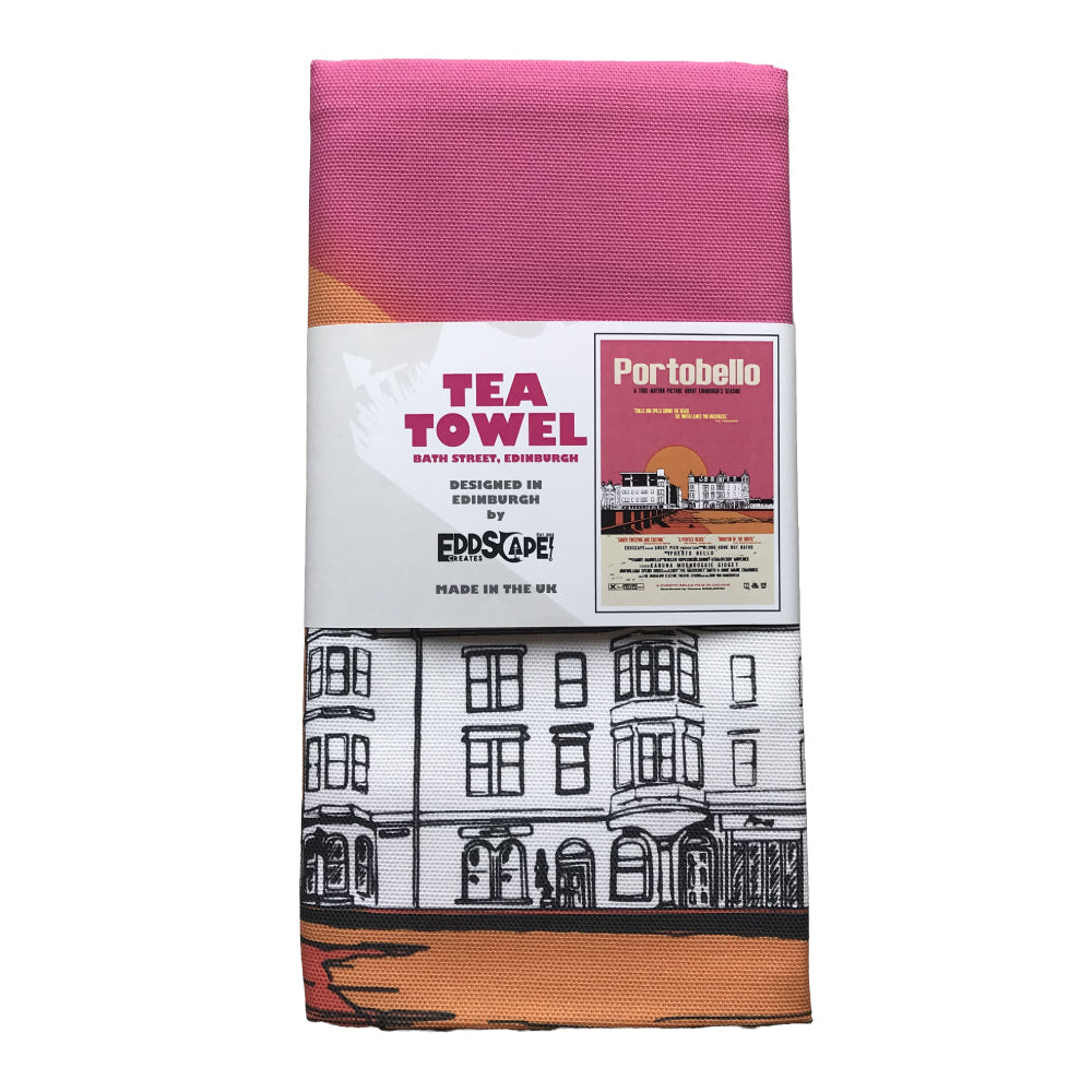 Tea towel featuring a movie poster design with an illustration of Bath Street and Portobello Beach in Edinburgh