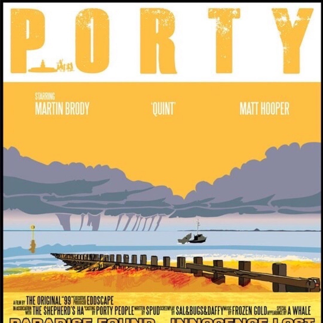 This print features a movie poster design with an illustration of Portobello Beach in Edinburgh