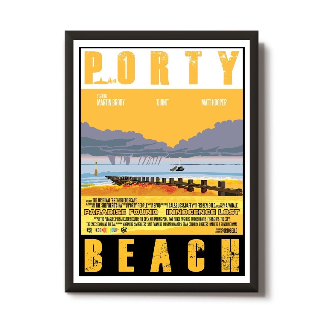 This print features a movie poster design with an illustration of Portobello Beach in Edinburgh
