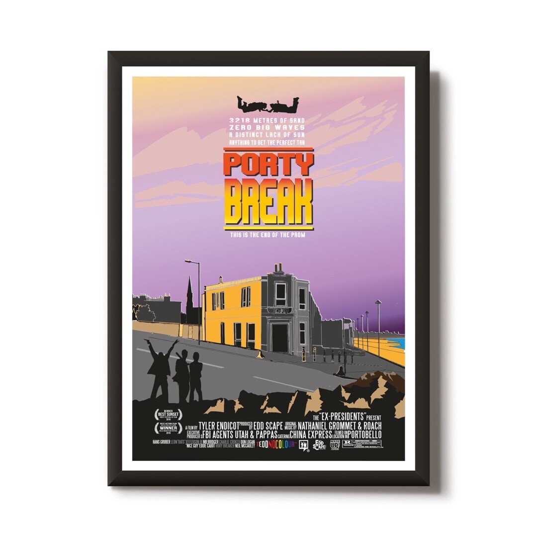 This print features a movie poster design with an illustration of the Joppa end of the Portobello Prom and beach in Edinburgh