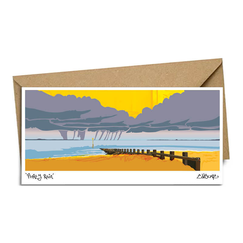Panoramic card featuring an illustration of Portobello beach in the rain
