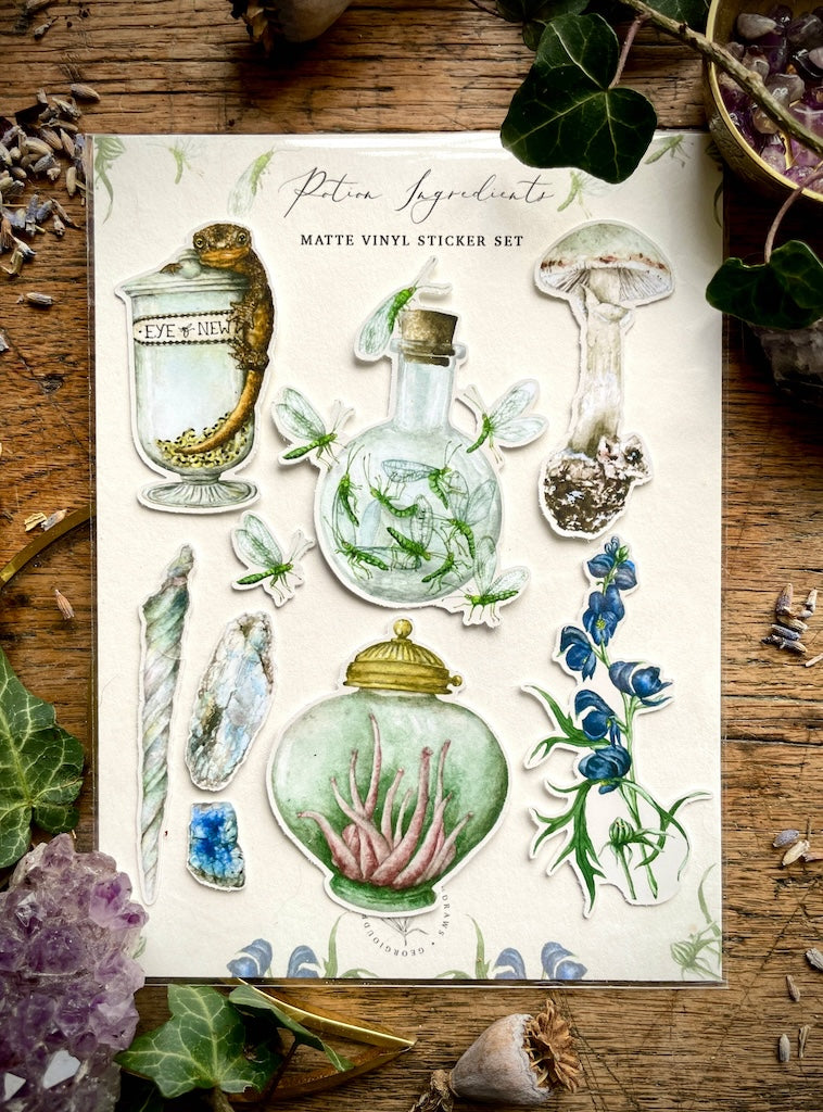 A set of 9 vinyl watercolour potion ingredient stickers, printed on matt vinyl and die cut.