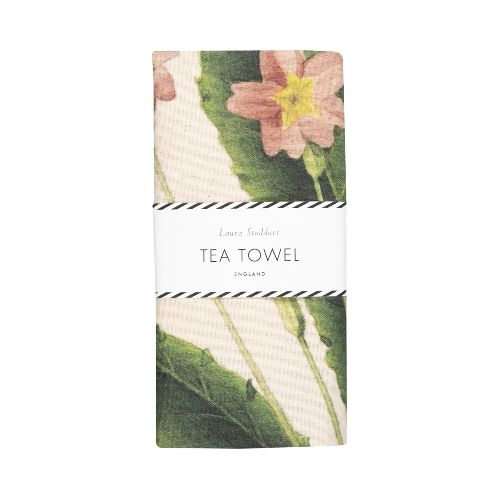 Tea towel featuring an illustration of a man in a yellow waistcoat and black trousers holding a giant bunch of pink primroses and green foliage folded with a white belly band.