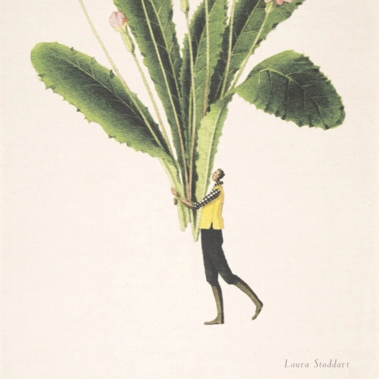 Illustration of a person holding large green leaves with 'Laura Stoddart' branding.